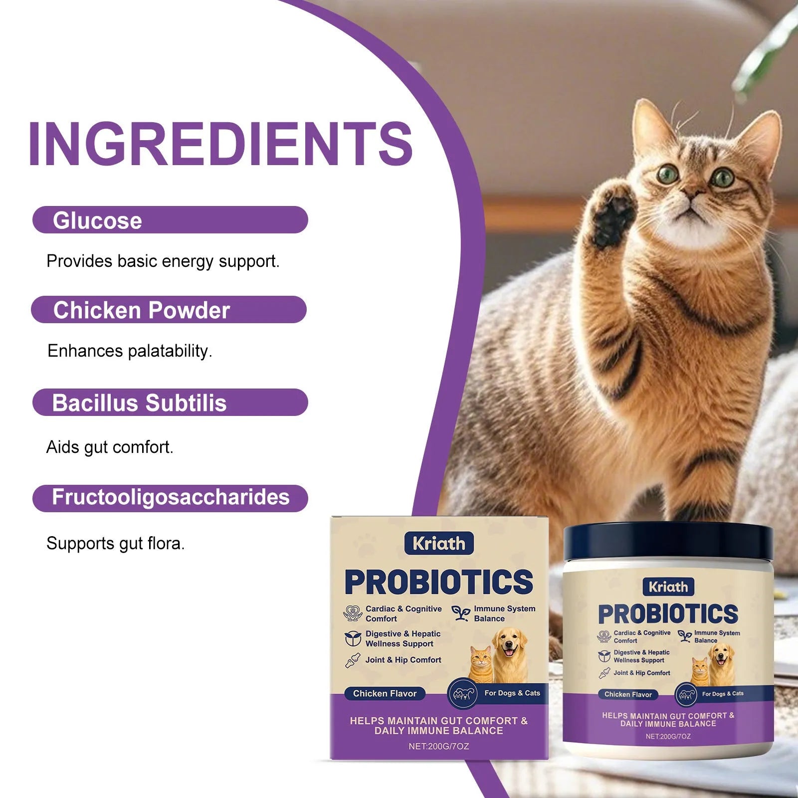 Probiotic powder for pet intestinal care 200g tub chicken flavour