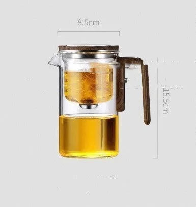 Glass teapot with magnetic separation button, walnut wood handle, and Chinese style design on tea tray
