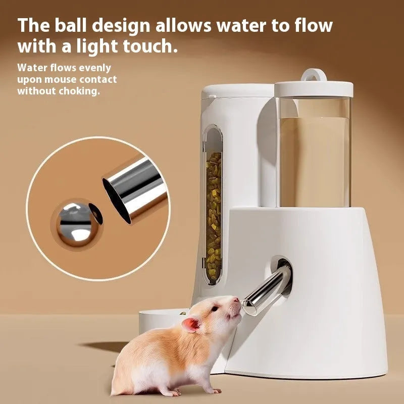 White automatic water feeder and matching food bowl for dwarf hamsters on a blue background.