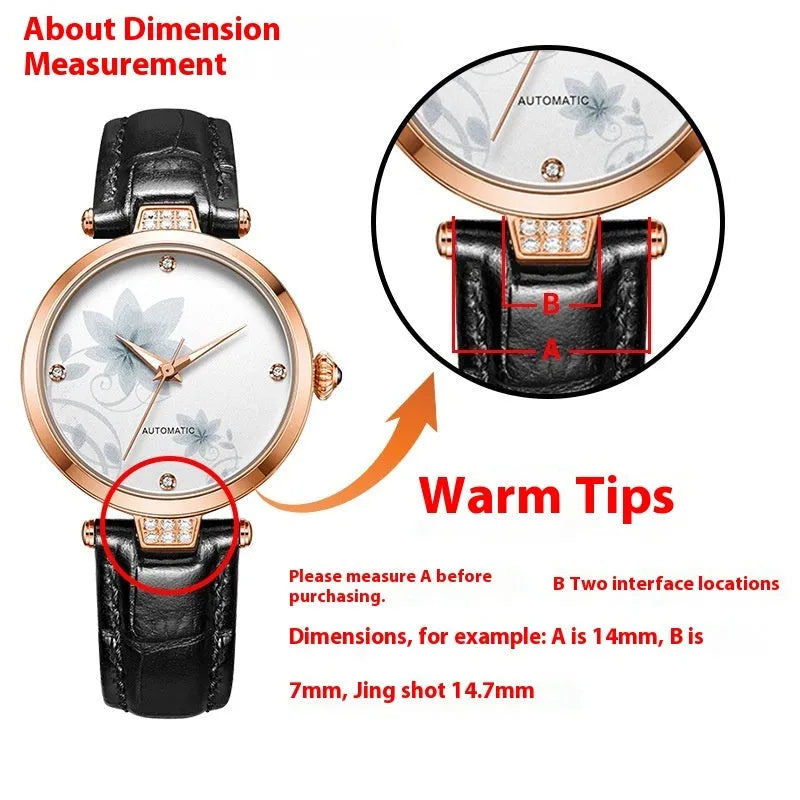 Women's genuine leather watch strap with notch design and pin buckle in black steel finish on a white background