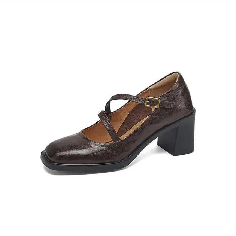 Square toe Mary Jane shoes for women black chunky heel low-cut cowhide leather