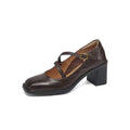 Square toe Mary Jane shoes for women black chunky heel low-cut cowhide leather