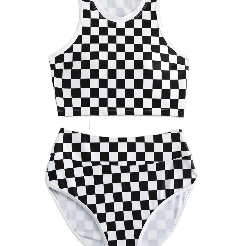 Women's racing one-piece swimsuit with suspender straps and chessboard pattern