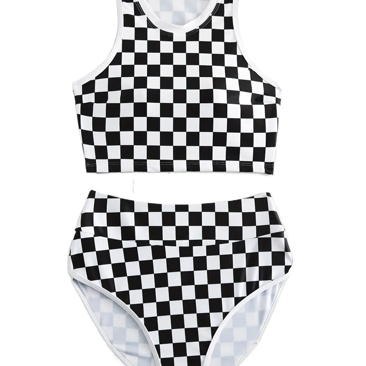 Women's racing one-piece swimsuit with suspender straps and chessboard pattern