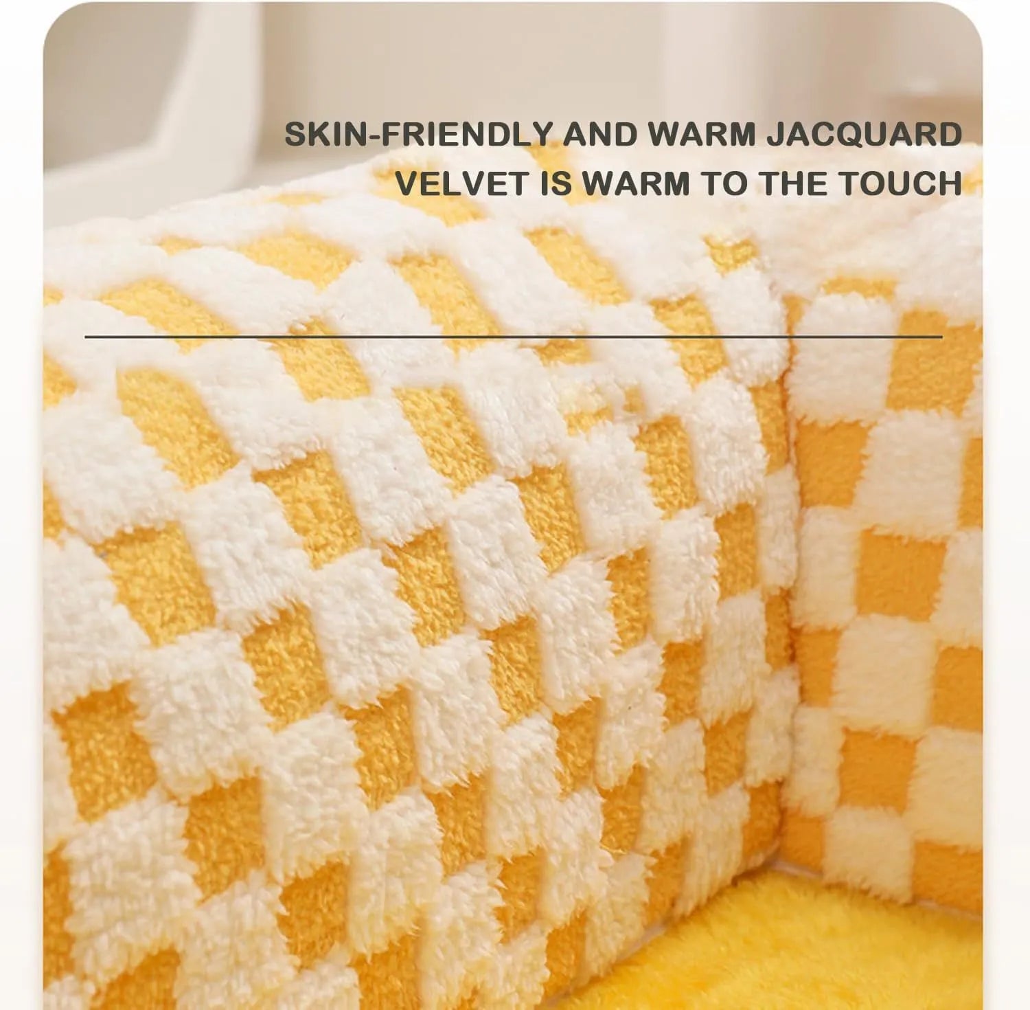 Large XL fan-shaped plush pet bed with a tunnel, in yellow plaid fabric with an anti-slip base.