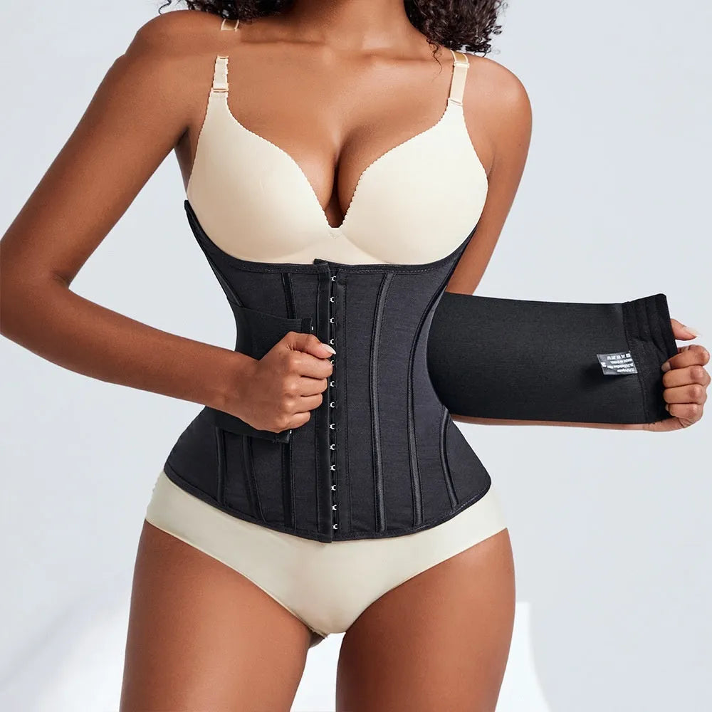 Nylon belly band for waist training in black or apricot, showing adjustable tie.
