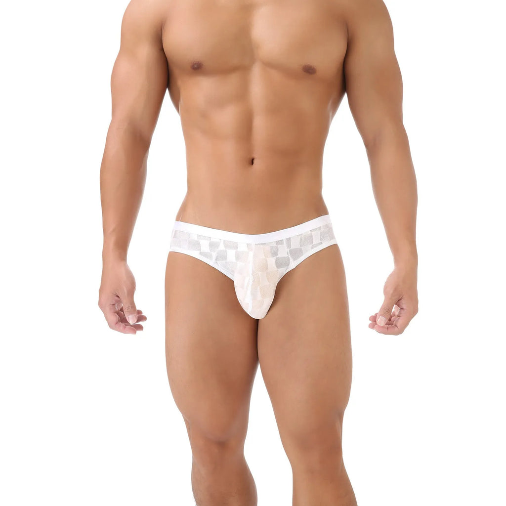 Men's black and white plaid mesh underpants showing U-convex design and lace fabric.