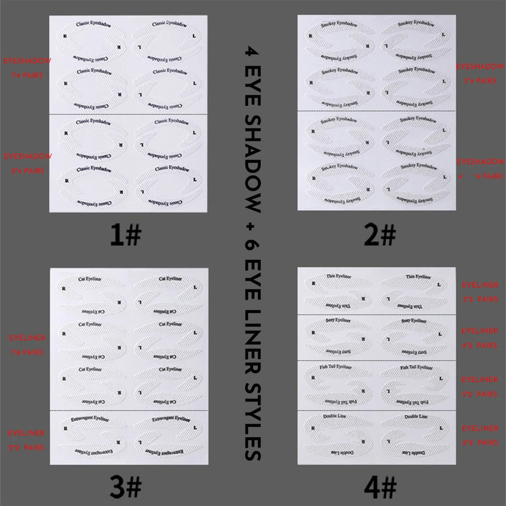 Set of four reusable flexible eyeliner and eyeshadow stencil templates on a pink background.