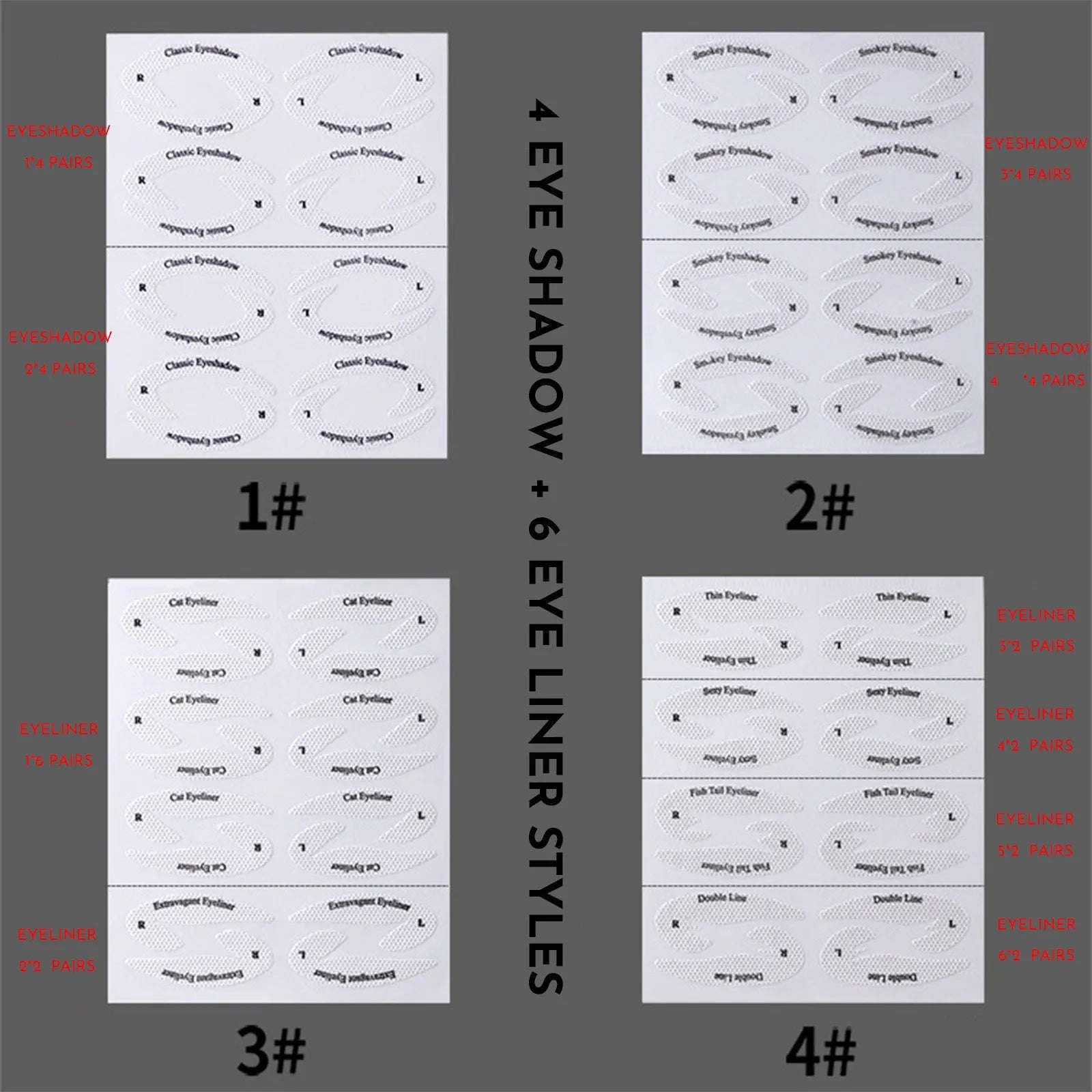 Set of four reusable flexible eyeliner and eyeshadow stencil templates on a pink background.