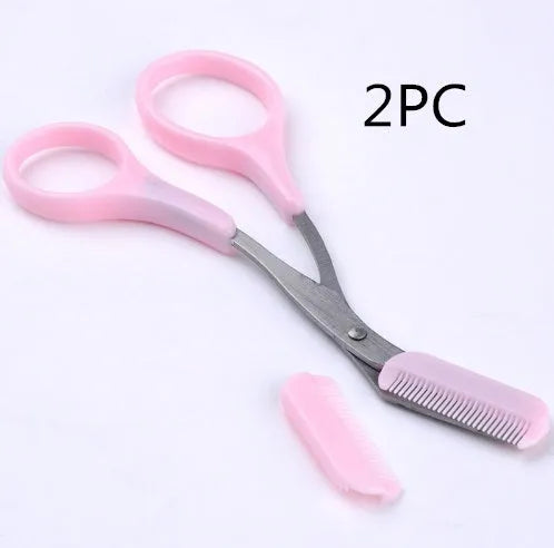 Pink eyebrow scissors and eyebrow comb set for brow shaping and grooming