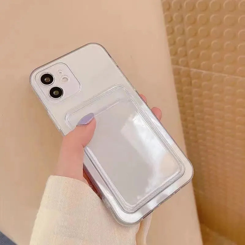 Clear transparent PVC iPhone case with a card slot on the back, shown fitting an iPhone model.