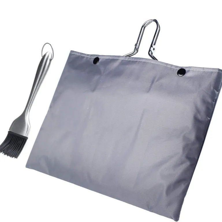 Stainless steel square folding barbecue mesh basket with a cleaning brush.