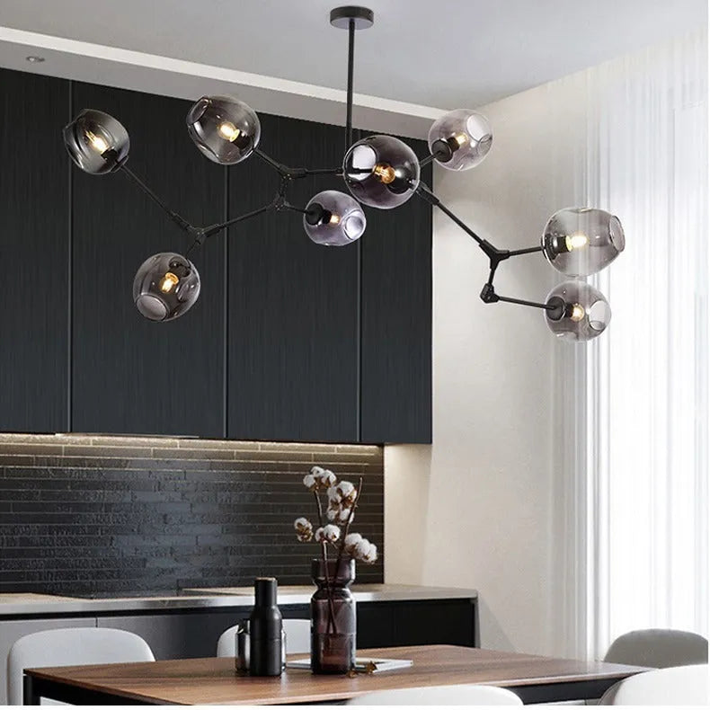 Nordic branch LED ceiling lamp with iron frame and glass shades, 10-head configuration in gold transparent finish