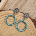 Antique silver alloy geometric round turquoise earrings for women, 2.2 by 4.2 cm drop