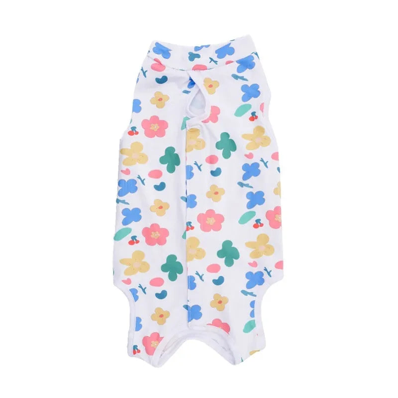 Adjustable velcro cat sterilisation recovery suit in a printed colour design, sizes S M L XL.