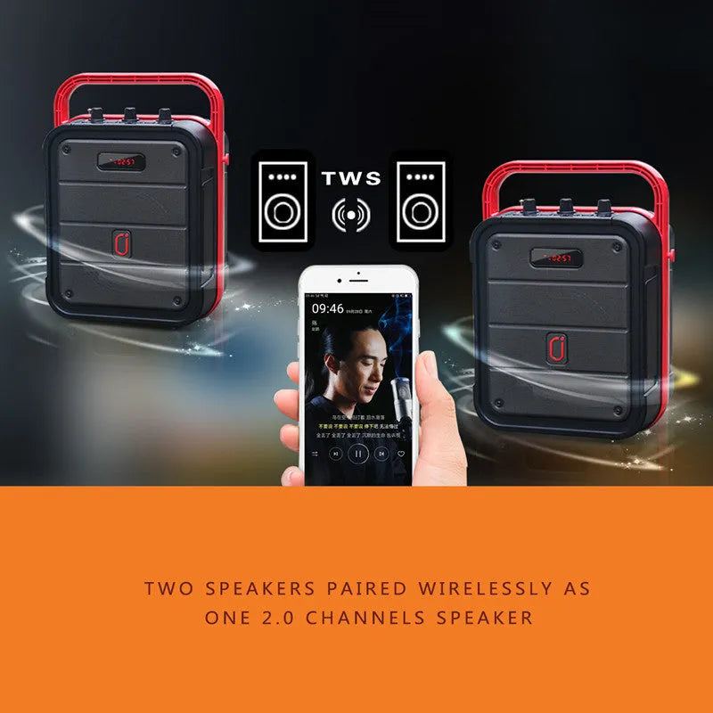 MS62AI portable Bluetooth karaoke speaker with wireless microphone and remote control on table.
