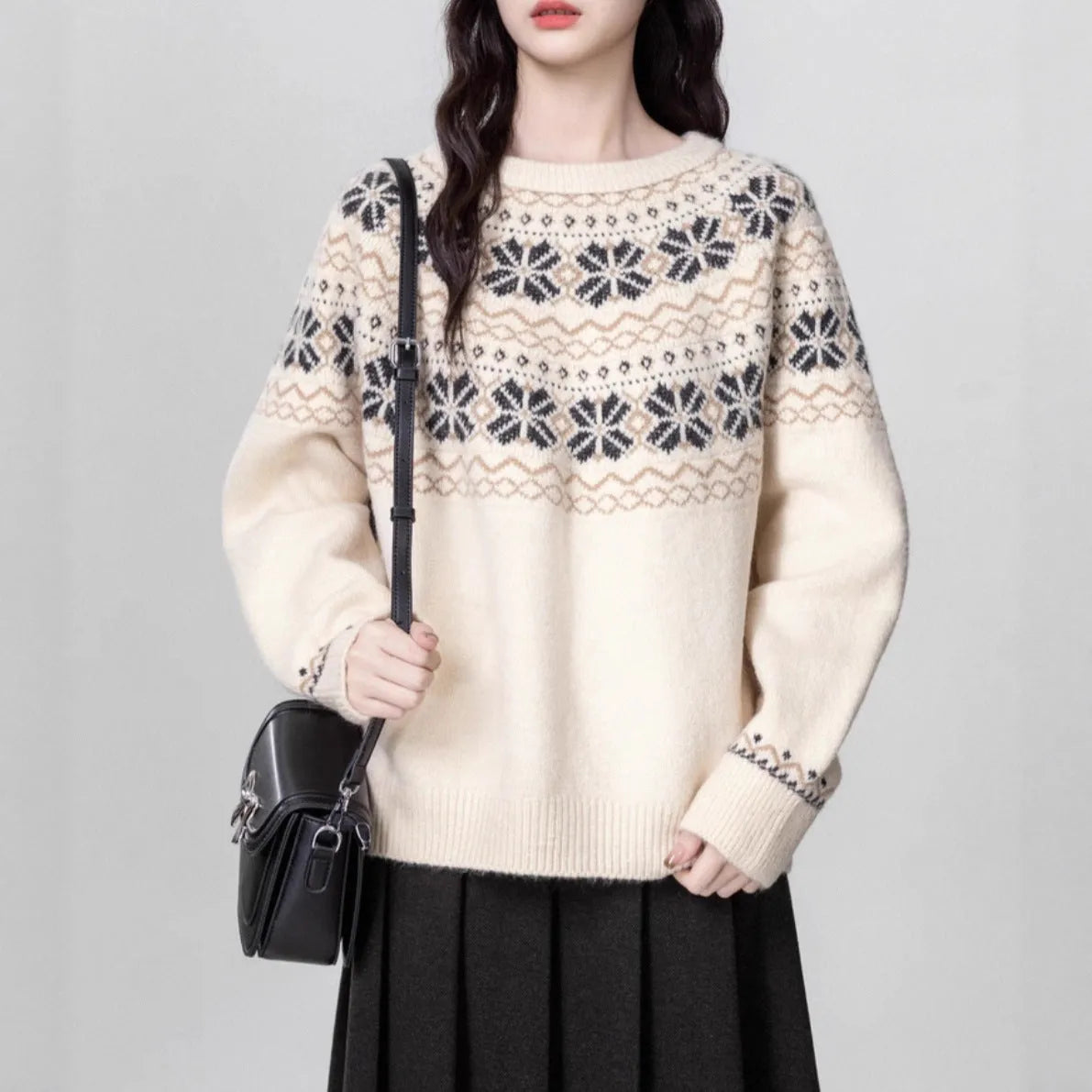 Women's milky white Fair Isle geometric pattern knitted pullover sweater with a crew neck and long sleeves.