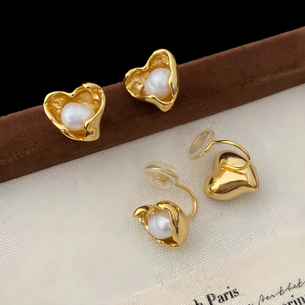 Copper irregular heart shape pearl earrings for women with electroplating finish