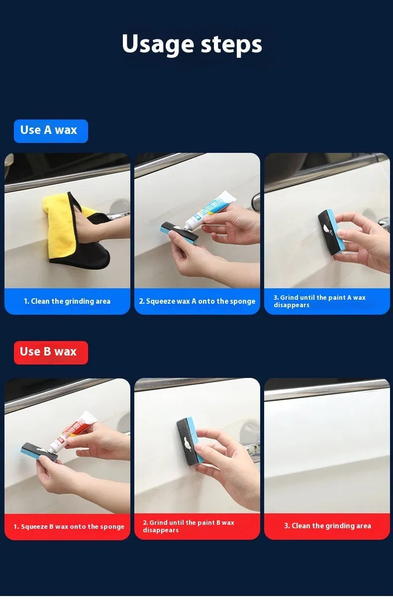 Car repair wax kit with two bottles (9657A and 9657B) and a frosted sponge mop for removing scratches and polishing paint