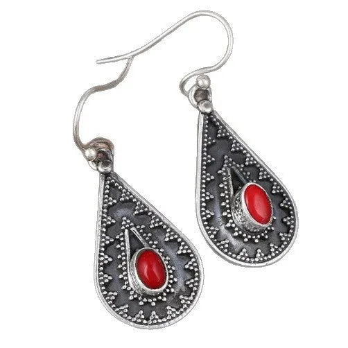 Silver water drop earrings with red pine gemstone on zinc alloy backing