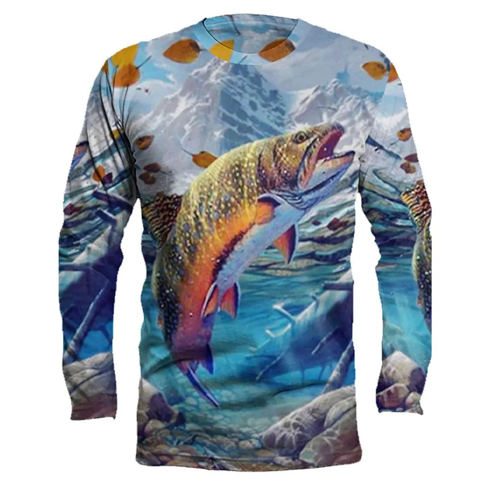 Man wearing a long-sleeved grey pullover with a blue fish print on the chest, round neckline.