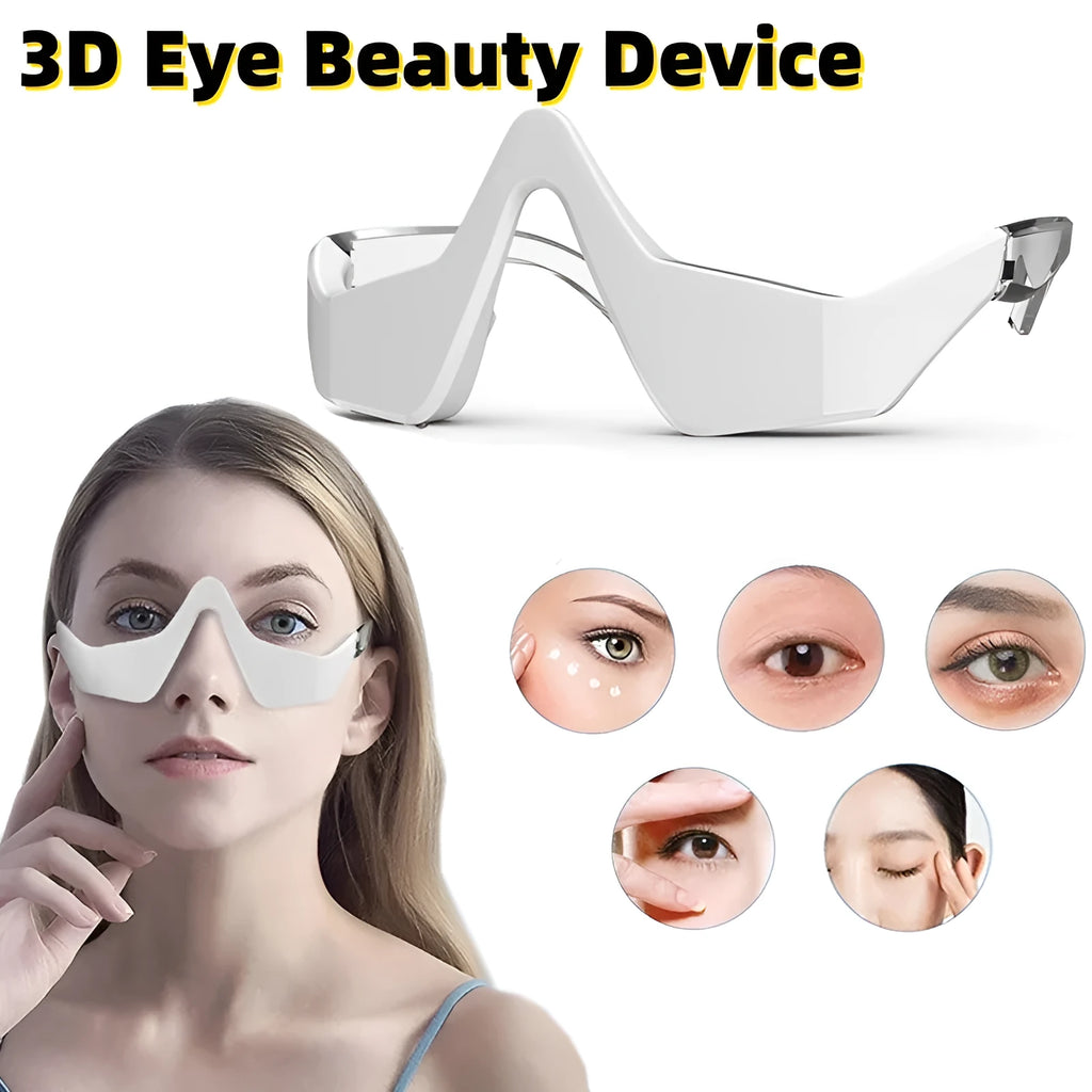 Pink and white micro-current eye massager with glasses-style design on a stand.