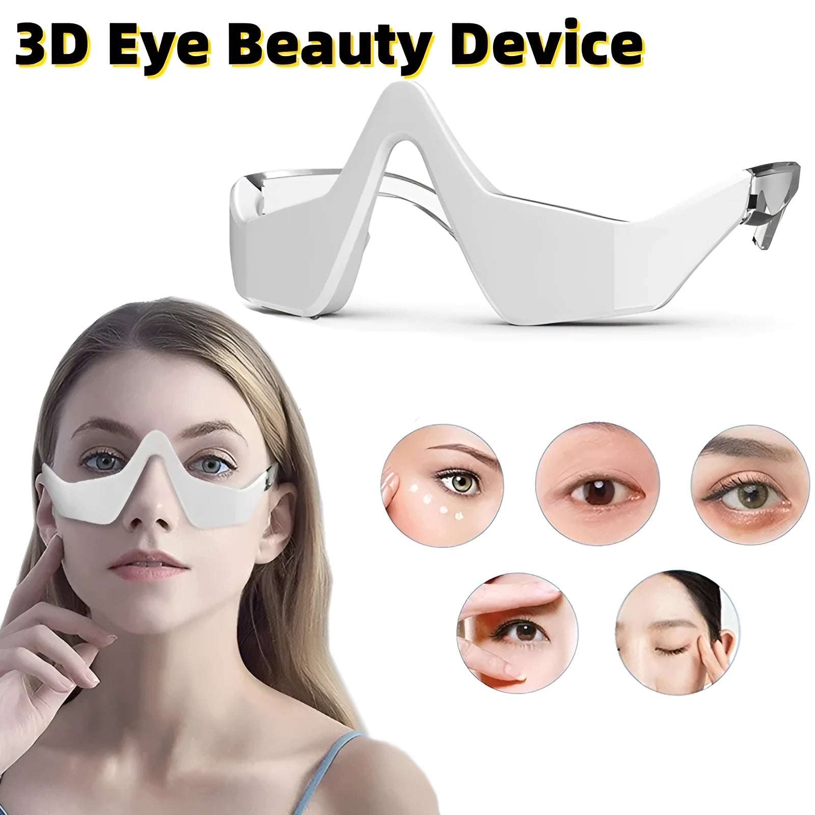 Pink and white micro-current eye massager with glasses-style design on a stand.
