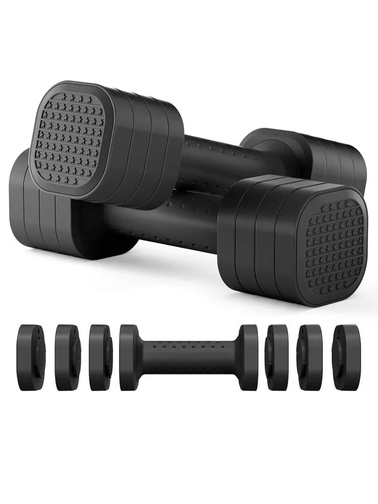 A set of pink detachable plastic dumbbells for women's fitness on a grey background.