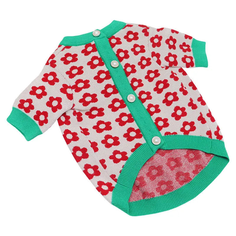 Cartoon-themed wool dog sweater for autumn and winter in rabbit, red pig, strawberry, and flower button designs.