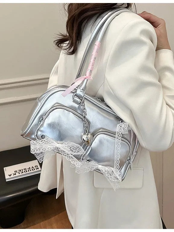 Soft PU casual shoulder bag in horizontal square shape with double straps and mobile phone compartment