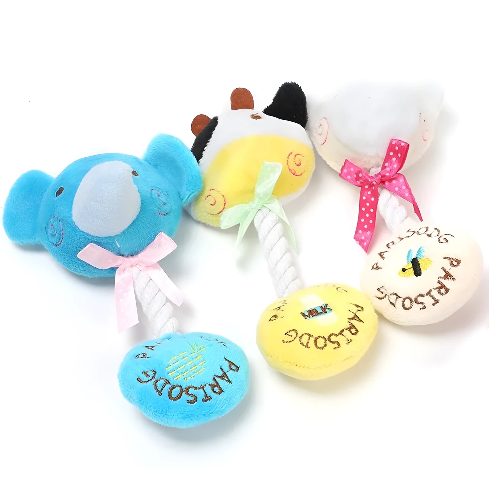Plush rope dog toy with animal design featuring squeaker and cotton rope centre