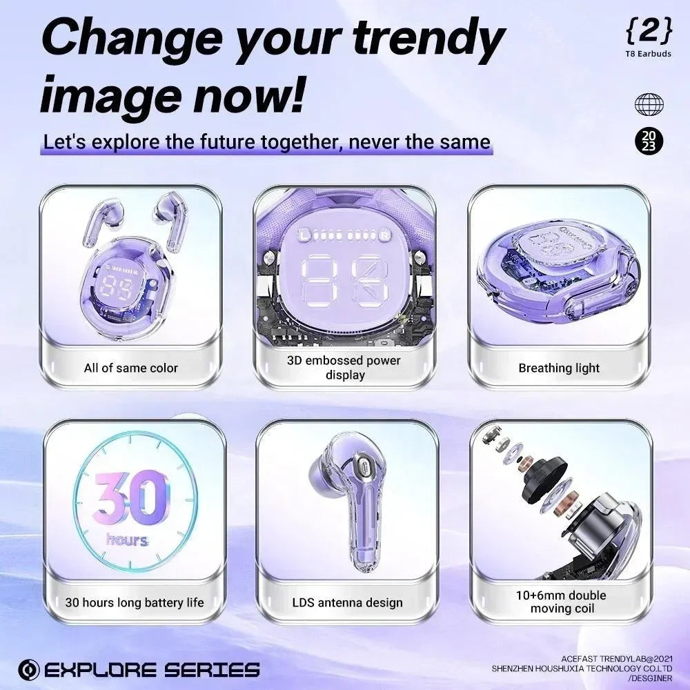 Wireless in-ear Bluetooth headset shown in white, black, pink, sky blue, or violet colour options on a transparent background.