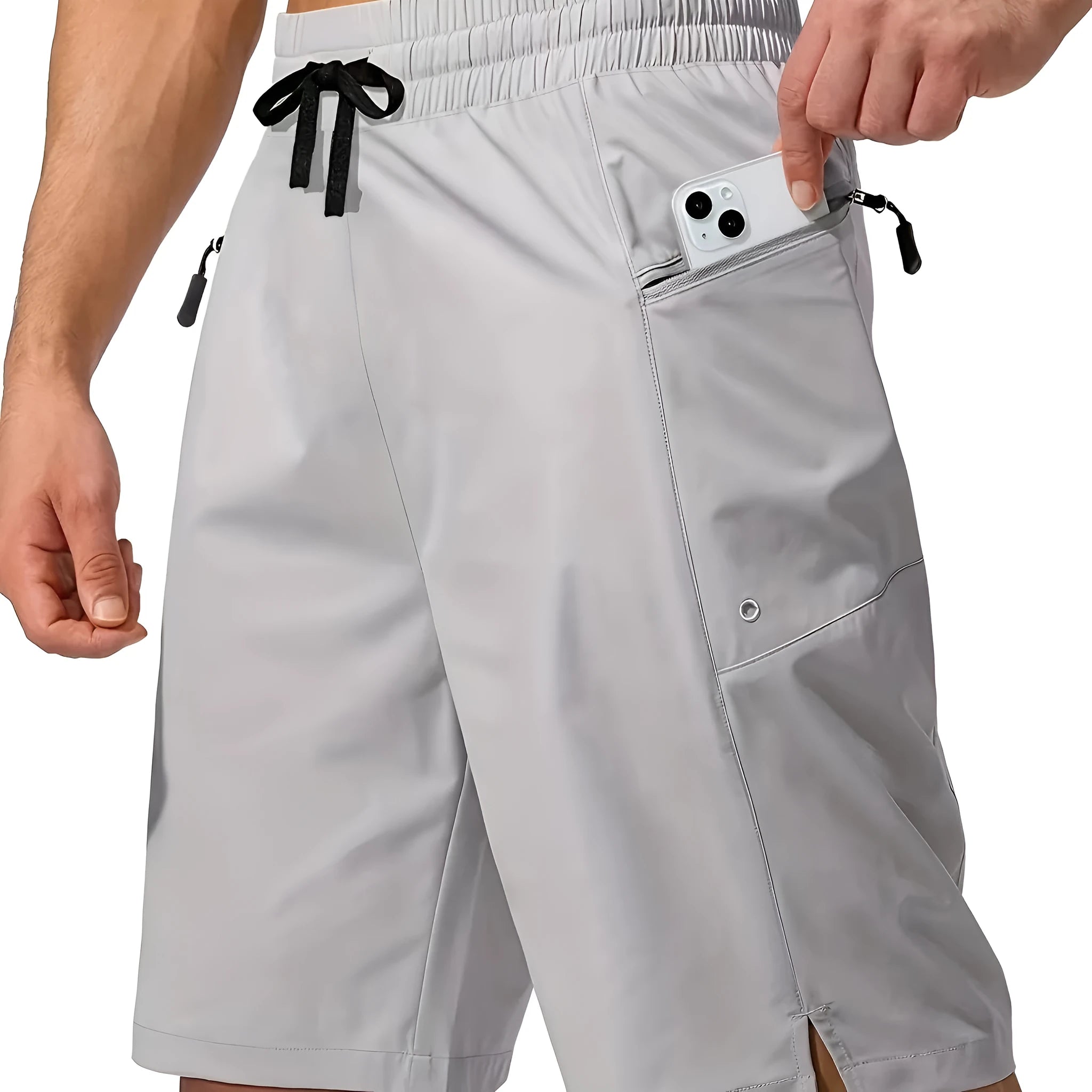 Men's quick-dry polyester beach shorts shown in multiple colour options with straight leg cut.