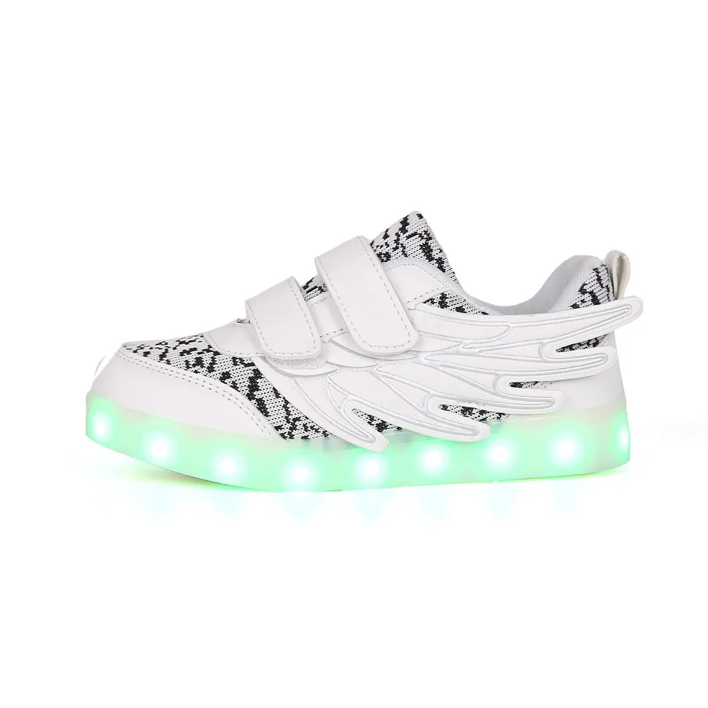 Children's plum red and white LED light up casual sneakers with USB charging port.