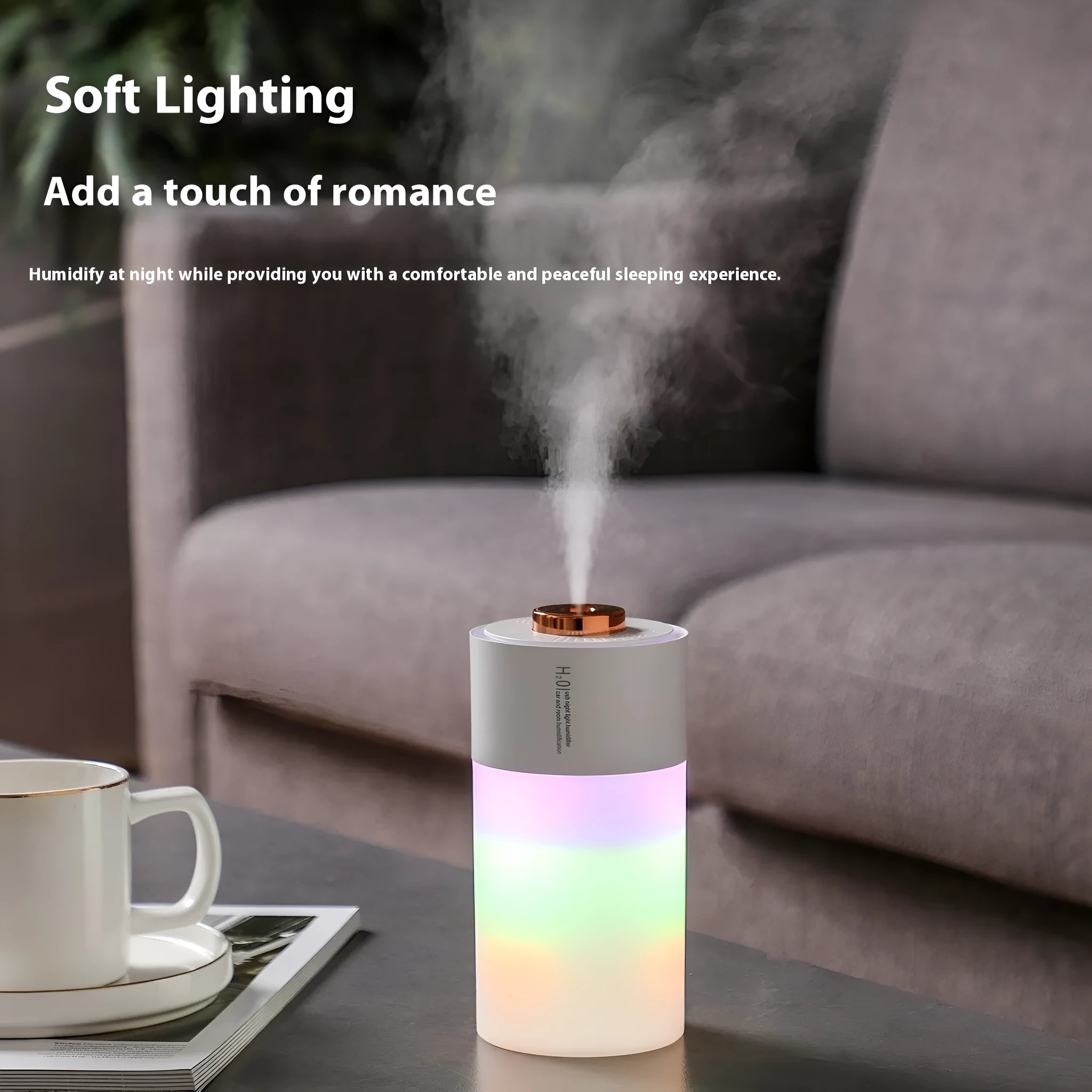 Homehold colourful plastic column humidifier in white, 7.5x7.5x14.8cm with USB cable