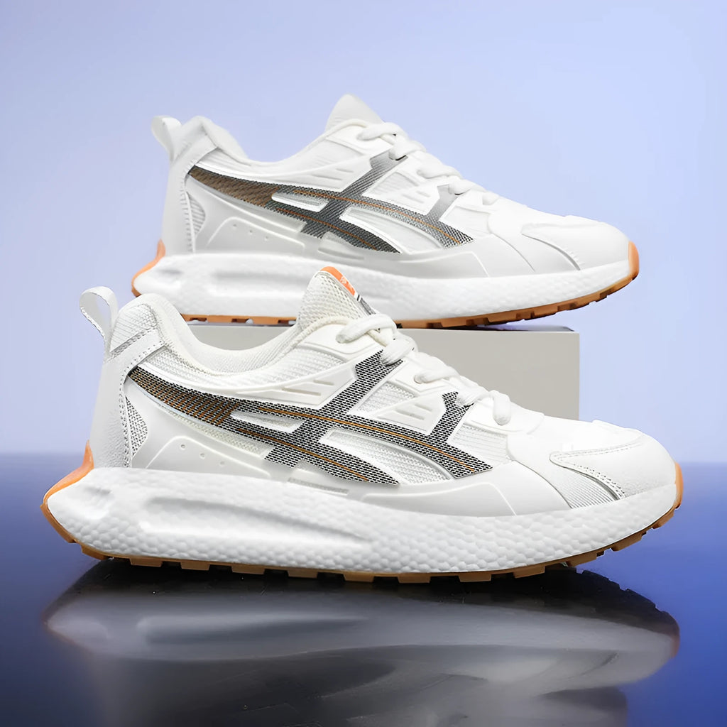 Men's casual non-slip shock absorption sneaker with breathable KPU upper, popcorn rubber sole, available in white