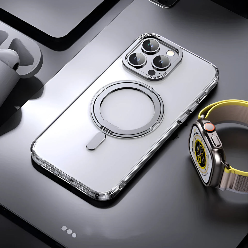 Transparent MagSafe compatible iPhone case with fulcrum cover for iPhone 15 Pro.