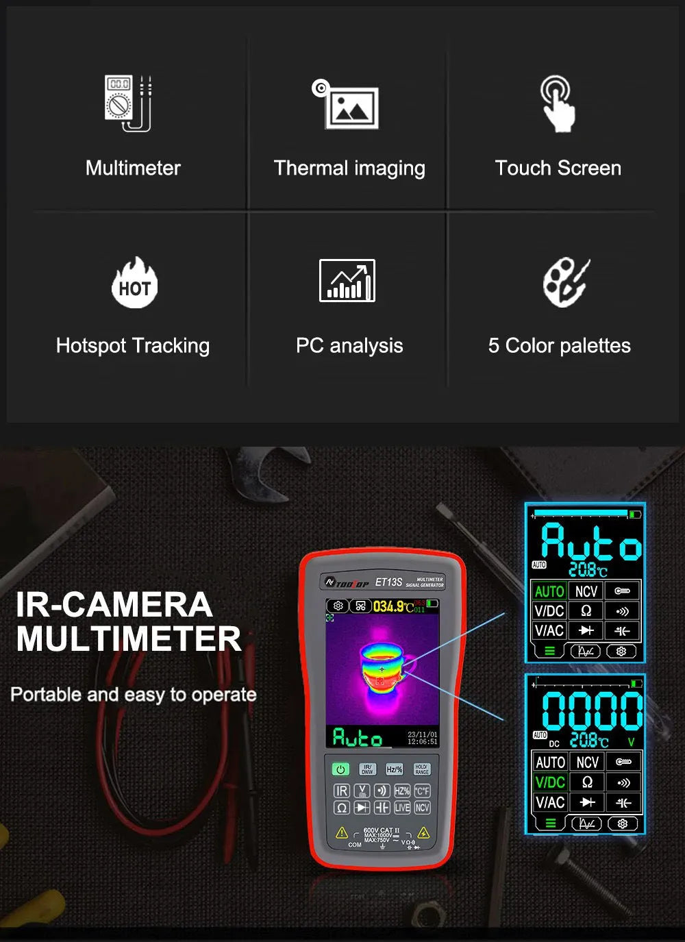 Thermal imaging multimeter with digital display showing temperature measurement and electrical testing functions
