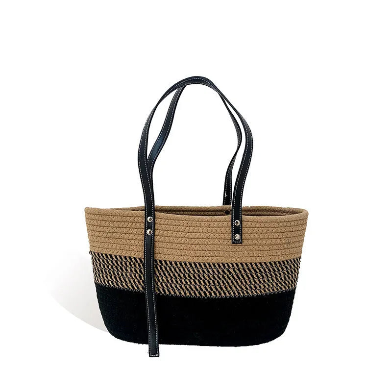 Hand woven oval cotton basket bag with sandwich pocket and double straps in khaki colour