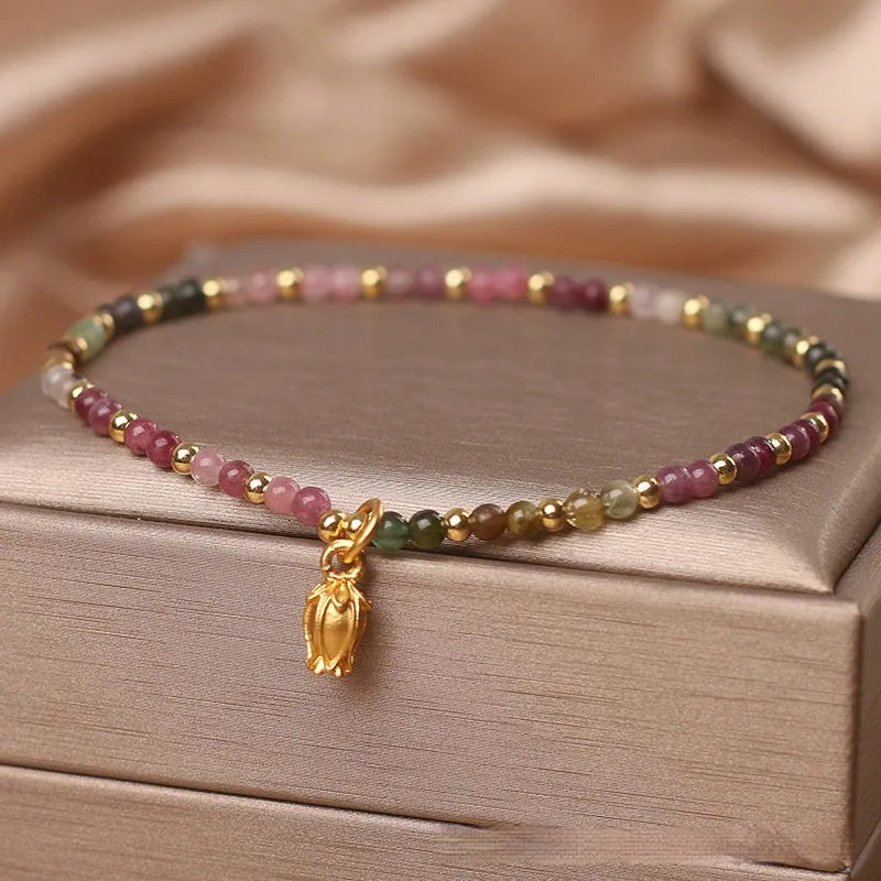 Natural tourmaline beaded anklet with flower design, adjustable chain with secure clasp