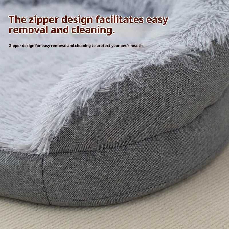 Gray plush dog kennel large size oval open nest with cloth interior