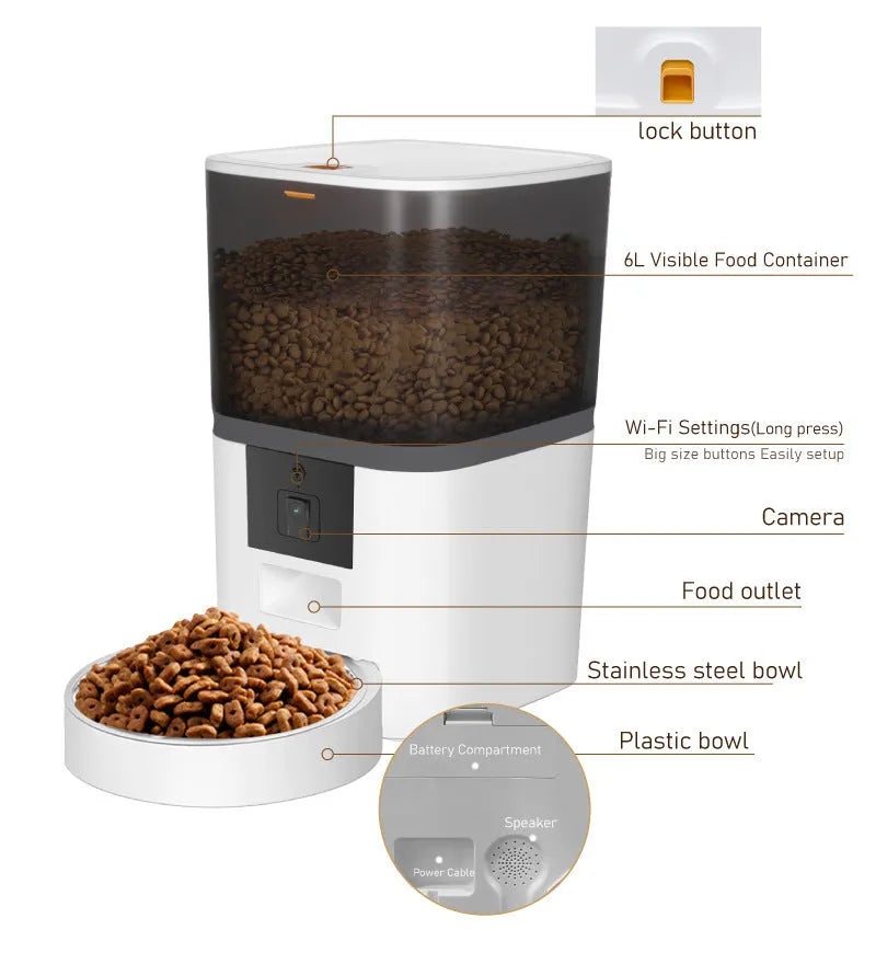 Adjustable performance pet feeder with video camera, transparent barrel, 4L capacity, black colour, for dogs and cats