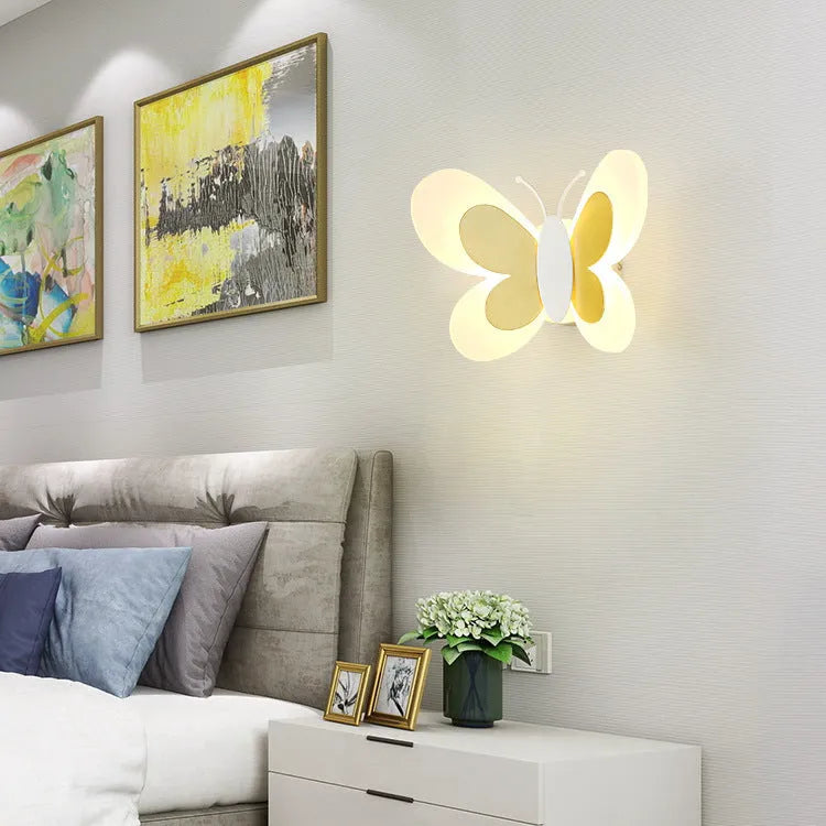 Butterfly-shaped acrylic children bedroom wall lamp in white and pink, 240x170x105mm