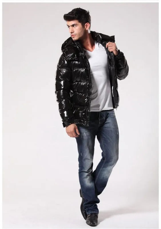 Thick down short jacket for men and women with white duck down filling and polyester fibre shell in black gloss