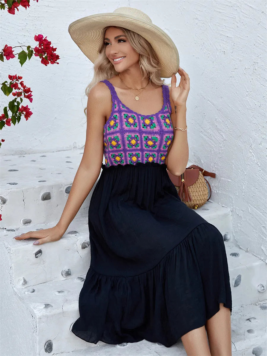 Purple women's sleeveless dress with hand-hooked floral stitching on cotton blend fabric.