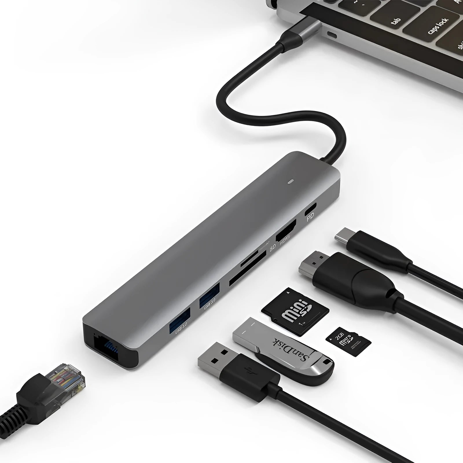 LQT-LH07 7-in-1 USB-C card reader and computer hub with SD and microSD slots.