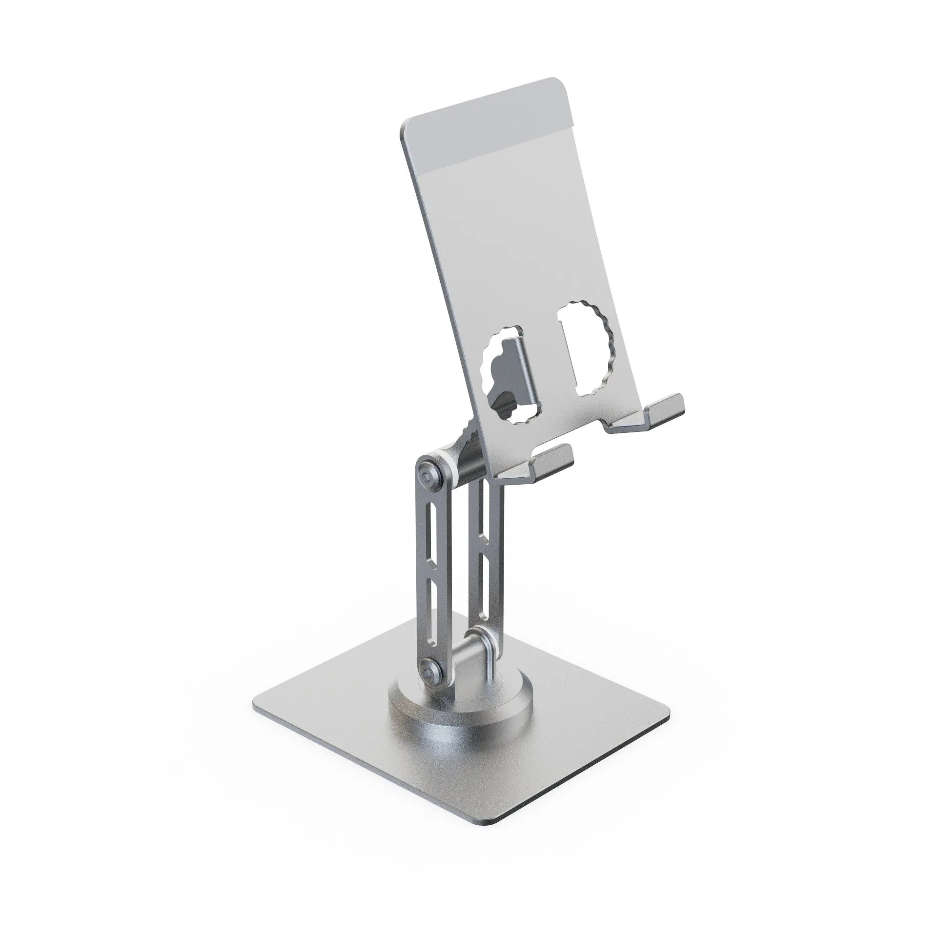 Aluminium alloy rotating mobile phone bracket in silver on a desk, showing three-axis joint and metal texture finish