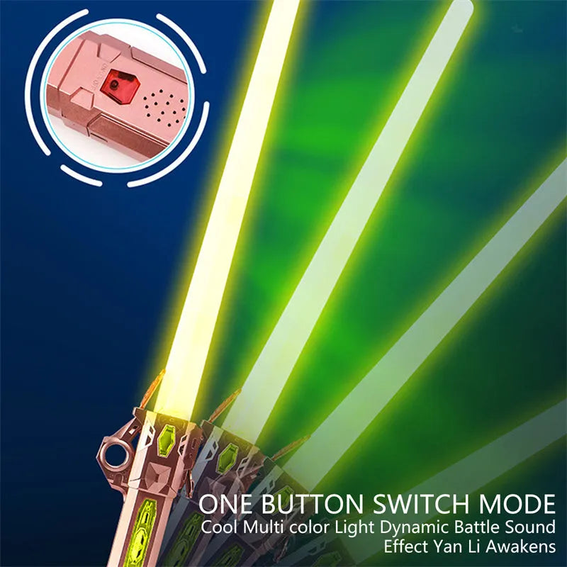 7 colour RGB retractable laser sword lightsaber toy with frosted handle on a dark background
