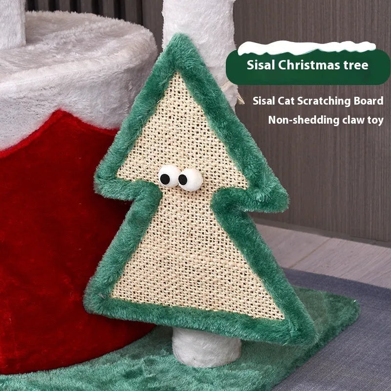 Cat scratching post integrated toy in Christmas colours with density board construction