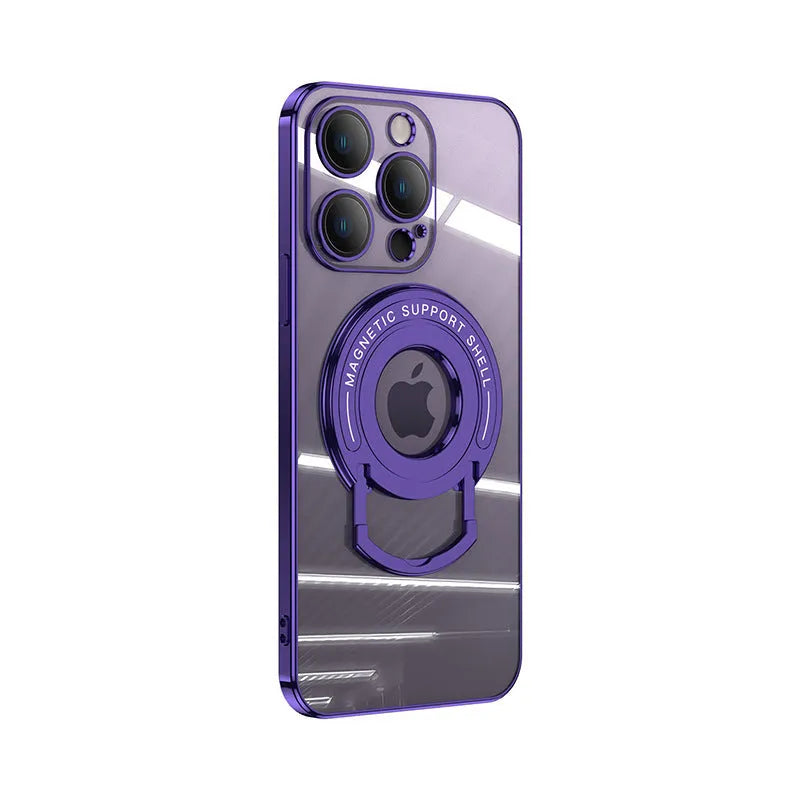 Transparent magnetic iPhone case with invisible pull-out stand, shown in dark purple colour.